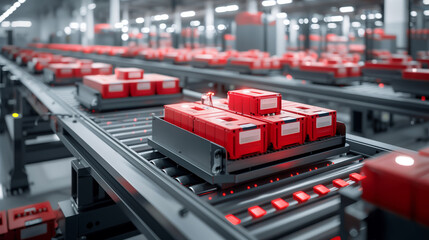 Automated conveyor system with red packages in a warehouse.