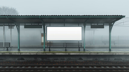 Blank billboard at a foggy train station platform, morning mist.