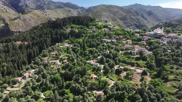 Aerial view of Lakki village in the foothills of the Lefka Ori, Crete, Greek Islands, Greece