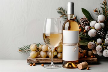 Obraz premium Bottle of Wine with Glass and Holiday Decoration