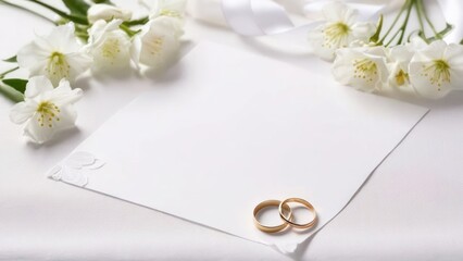 two wedding rings on a white sheet with flowers