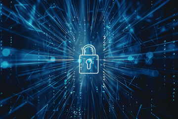 A glowing padlock symbol surrounded by digital lines and dots creating a technological effect