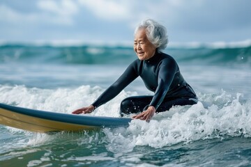 Obraz premium Asian senior woman practicing surf. Generative AI