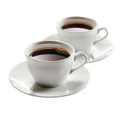 Two white coffee cups with a white saucer on a white background