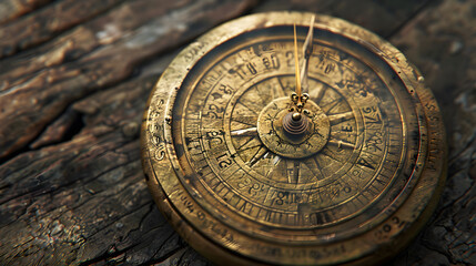Vintage Antique Brass Dial on Rustic Wooden Background Evoking Nostalgia and Exploration