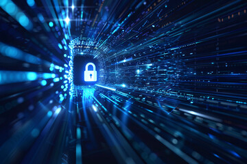 Glowing padlock icon at the end of a tunnel of blue digital lines symbolizing data security and encryption