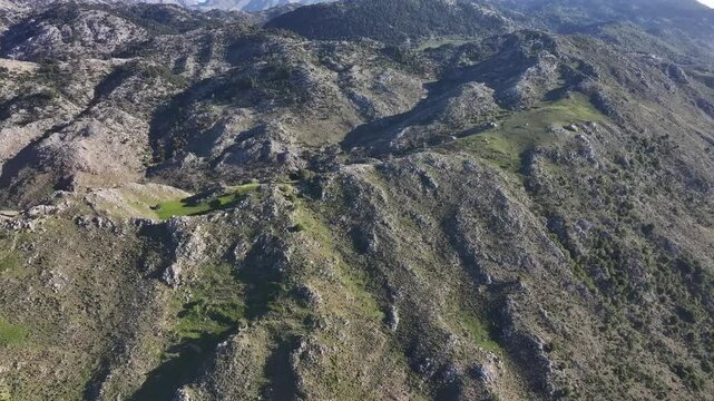 Aerial view of Lakki village in the foothills of the Lefka Ori, Crete, Greek Islands, Greece