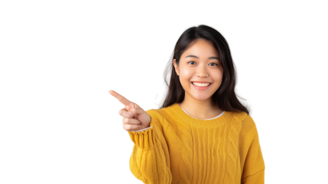 Woman smiling and pointing at copy space on side of her face,isolated on white background. - Powered by Adobe
