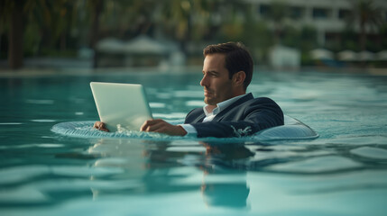 Man in a suit working on a laptop while floating in a pool.