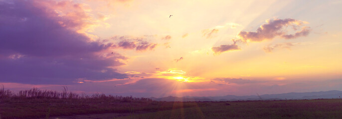 Banner purple sky sunrise dramatic beautiful landscape view. Dawn sky violet pink gold dusk time cloudscape with sunlight. Panorama Dramatic vibrant sunset scenic landscape nature with copy space