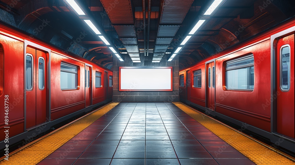 Wall mural digital mockup of a blank billboard in a modern train station.