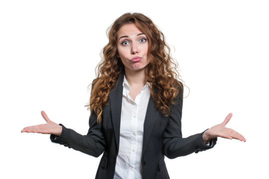 Woman shrugs,confused about something,PNG,transparent background,clipart.