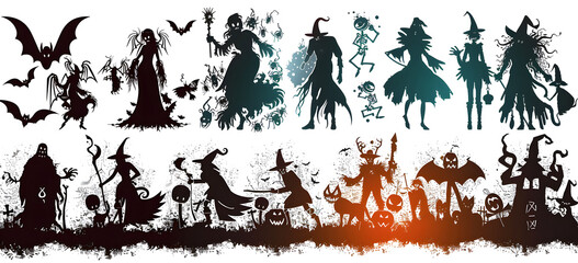Collection of halloween silhouettes icon and character., witch, creepy and spooky elements for halloween decorations, silhouettes, sketch, icon, sticker. Hand drawn vector illustration - Vector