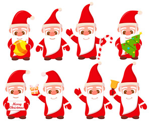 Cute santa claus greet with hand. Celebration character. Santa Claus rings the bell.Christmas gift.Isolated on white background.Vector flat illustration.