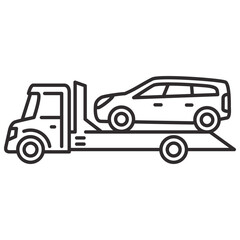 Tow truck icon.Towing truck van with car.City road assistance service evacuator.Car towing truck.Towing truck delivers the broken car. Outline vector illustration.Isolated on white background.