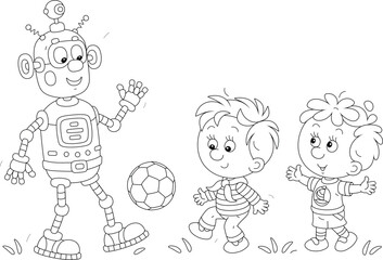 Happy little boys and a funny toy robot playing football on a playground in a park, black and white vector cartoon illustration for a coloring book