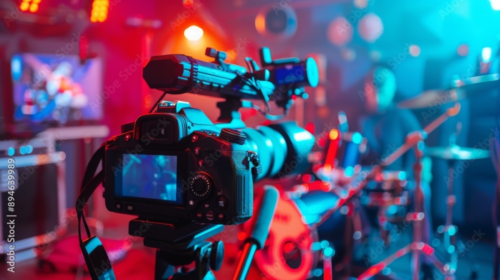 Aufkleber a camera is positioned on a tripod, recording a live music performance. the drummer is out of focus 
