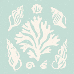 Coral and seashells square block print. Seashells cutouts on pastel blue background coastal holiday collage element set.