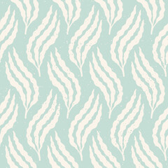 Pastel blue and cream seaweed seamless pattern with speckled texture. Light blue block print summer holiday background.