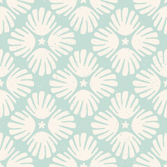 Pastel blue seashells seamless pattern with speckled texture. Diagonal tile block print pattern vintage boho background.