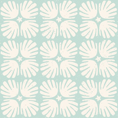 Pastel blue seashells seamless pattern with speckled texture. Seashell tile block print pattern vintage boho background. © Olga