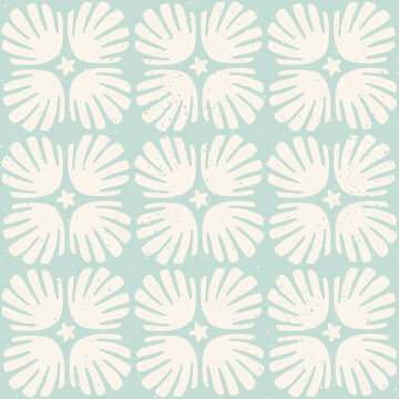 Pastel blue seashells seamless pattern with speckled texture. Seashell tile block print pattern vintage boho background.