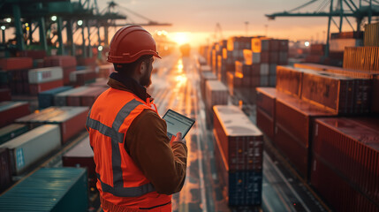Fototapeta premium Foreman working at container yard for checking on shipping containers. Logistics and shipping.