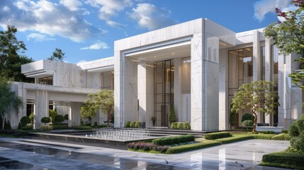 A contemporary mansion with clean lines and a white marble exterior