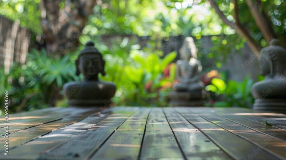 Poster a wooden table sits in front of two buddha statues, the lush greenery of a garden visible in the bac