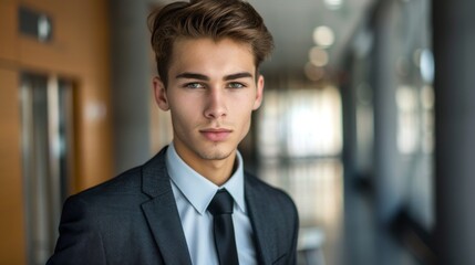 Fototapeta premium A young businessman with a classic side part hairstyle, wearing a suit and tie in a professional setting.