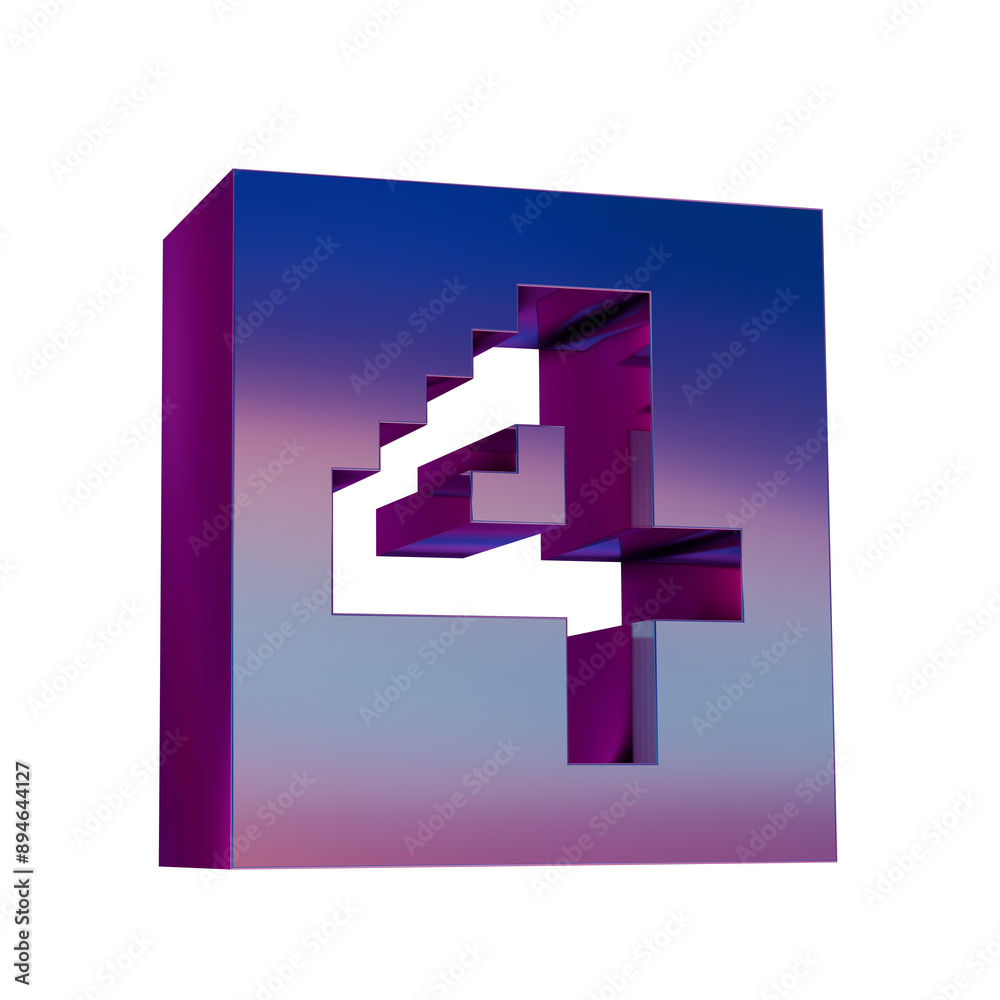 Poster 3d neon retro icon - pixel number 4 symbol