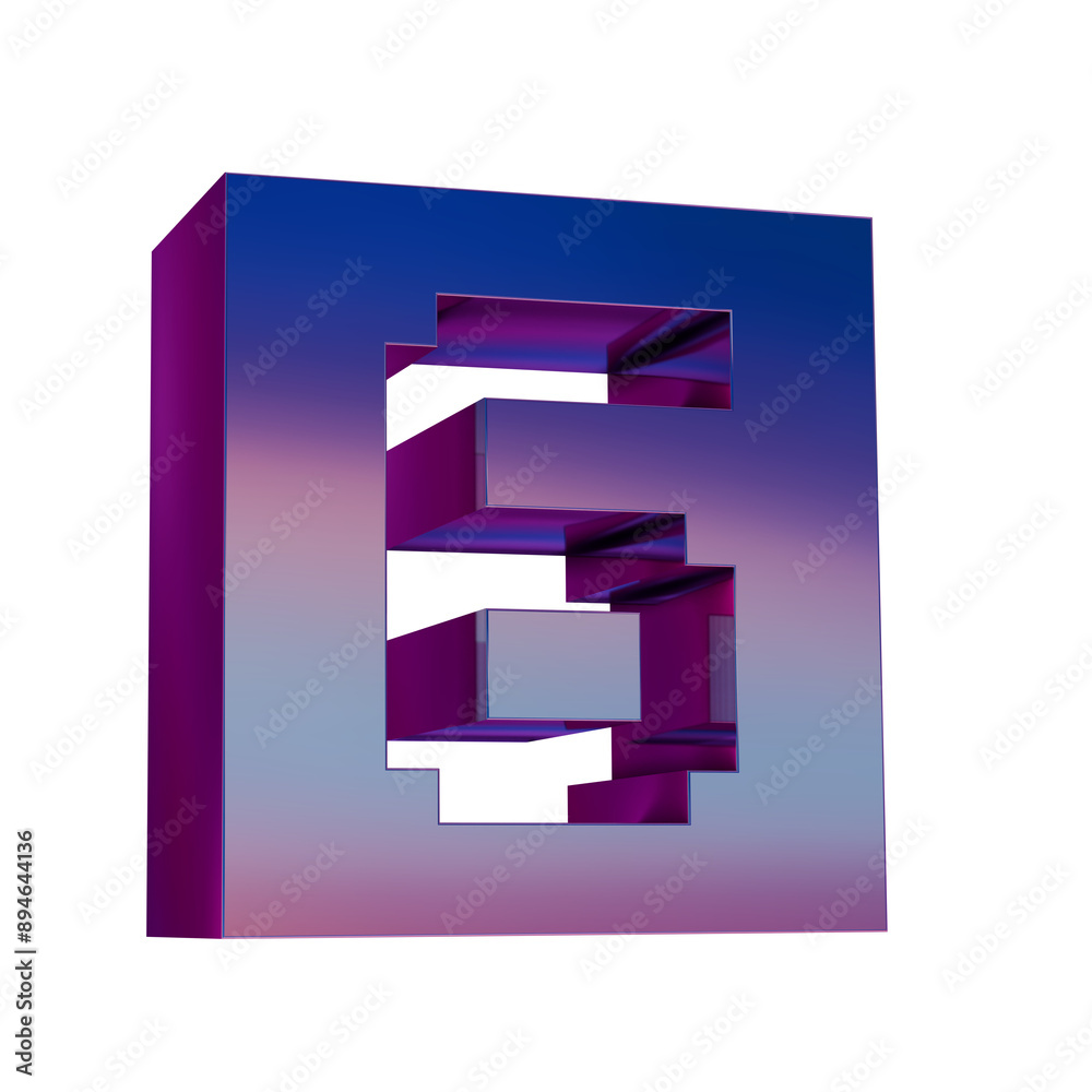 Poster 3d neon retro icon - pixel number 6 symbol