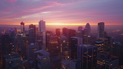 Fototapeta premium Aerial view of a city skyline at sunrise, with buildings illuminated by the first light of day.