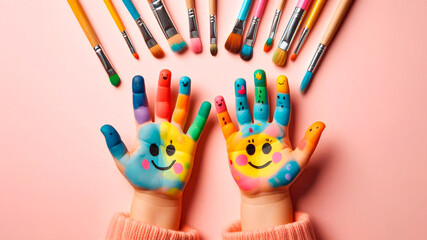 Obraz premium Painted children's hands with smiley faces on their palms, isolated on a pastel background