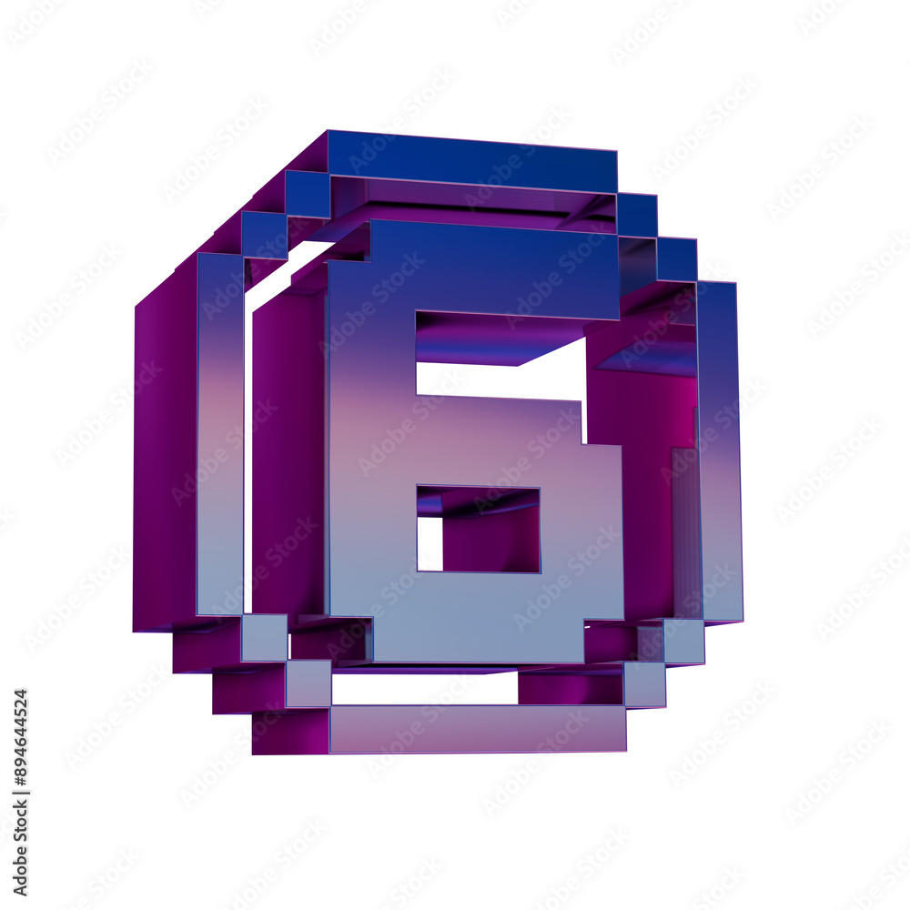Poster 3d neon retro icon - pixel number 6 symbol