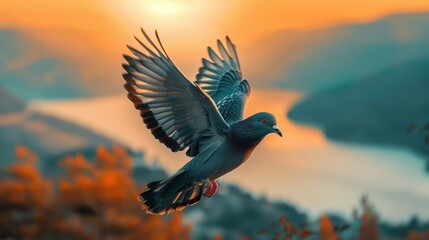 Fototapeta premium A pigeon flying in broad sky natural scenery wiht clear blue sky and clouds 