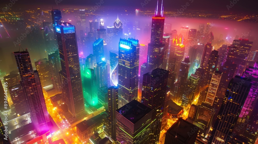 Aufkleber aerial view of skyscrapers lit up in different colors during a festive night event in the city.