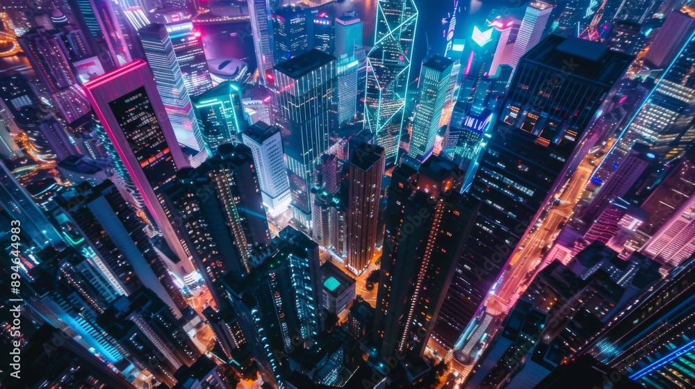 Aufkleber aerial view of skyscrapers lit up in different colors during a festive night event in the city.