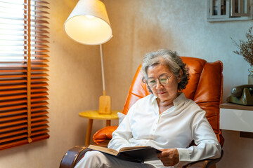 Happy Asian senior mature woman wearing glasses relaxing on sofa in living room and reading a book. Elderly retired grandmother enjoy indoor lifestyle with leisure activity and hobbies at home.