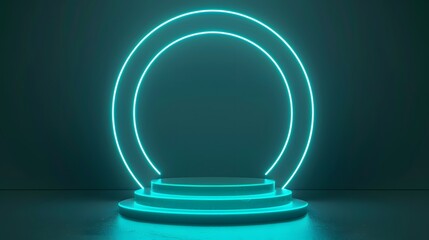 Modern stage with glowing turquoise circles, perfect for showcasing products or performances in a futuristic setting.