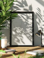 Elegant Black Frame on Wooden Desk with Lamp and Book, Surrounded by Boho Chic Plants and Beige Tones, Capturing a Hyper-Realistic Interior Design Scene.