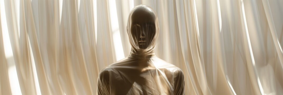 A man in a plastic mask stands in front of a curtain