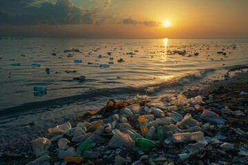 Obraz premium beach at sunset with plastic bottles and other trash 