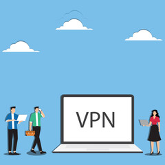 VPN virtual private network, security protection for internet access, technology or firewall encryption to protect computer network, safety or privacy, business people with VPN shield and computer