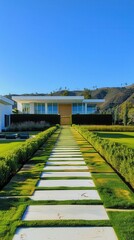 Fototapeta premium Photo of A Grass Path Leading to A Giant Modern Mansion