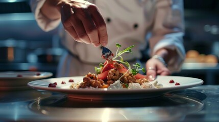 Close-up of a chef's hands plating up a gourmet dish on a white porcelain plate with artistic food arrangement.