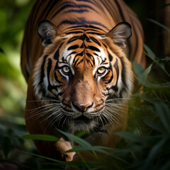 Obraz premium Stealthy Bengal Tiger Navigating Through Dense Forest Foliage