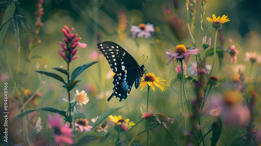 Poster close-up of a butterfly resting on colorful wildflowers in a meadow surrounded by tall green grass.