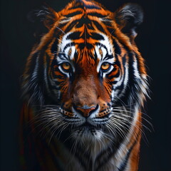 Naklejka premium Close-up of the intense gaze of a majestic Bengal tiger with vibrant orange and black stripes