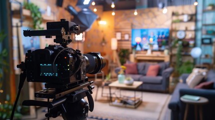 A professional camera is set up in a living room studio, aimed at a couch and a coffee table in the background. There are lights and equipment around the camera.